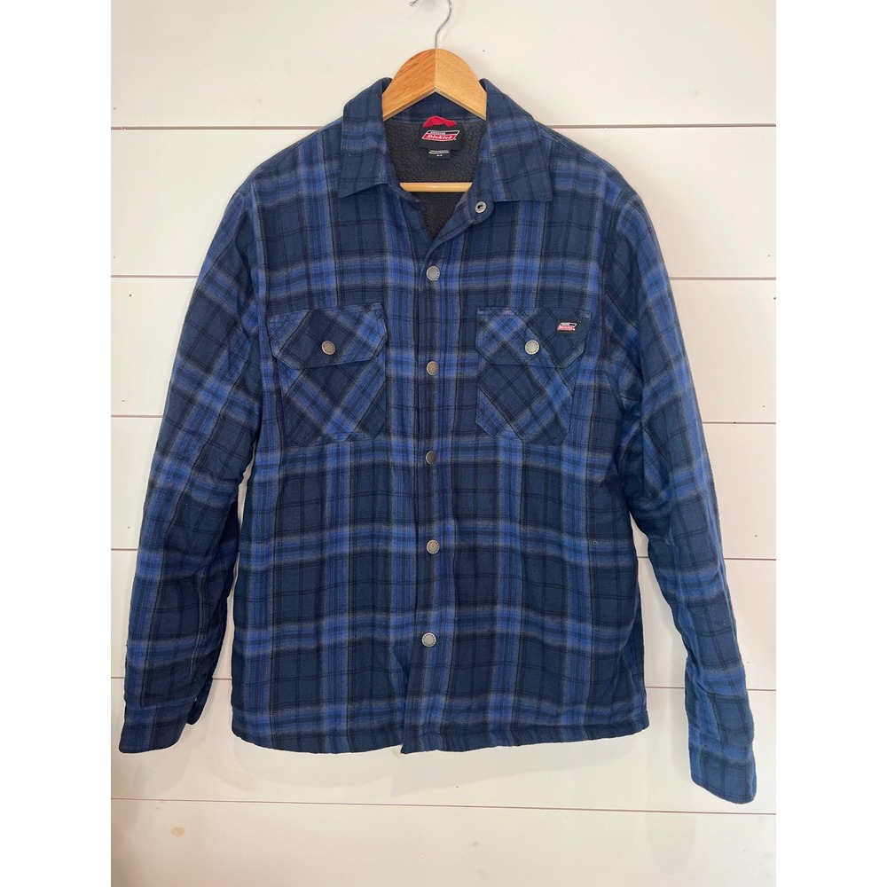 Genuine Dickies Mens Blue Plaid Sherpa Lined Flannel Shirt Jacket M workwear